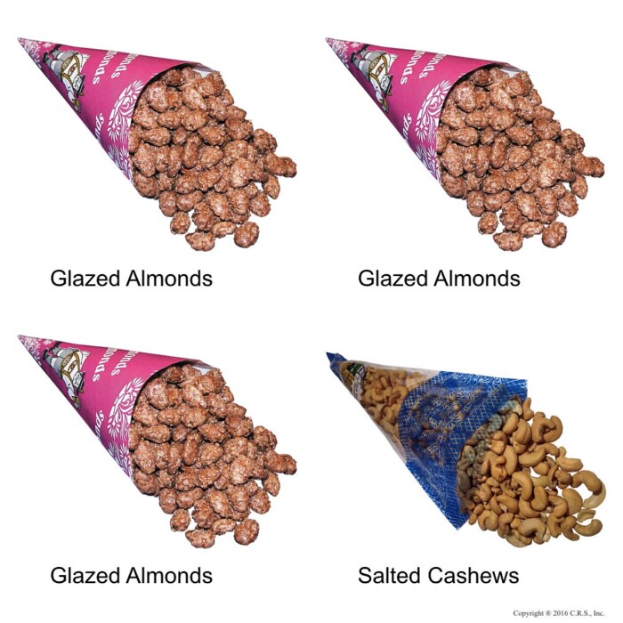 Cinnamon Glazed Roasted Almonds and Lightly Salted Cashews in a 4-cone Pack