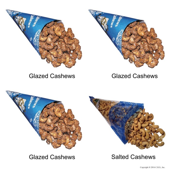 Cinnamon Glazed Roasted Cashews and Lightly Salted Cashews in a 4-cone Pack