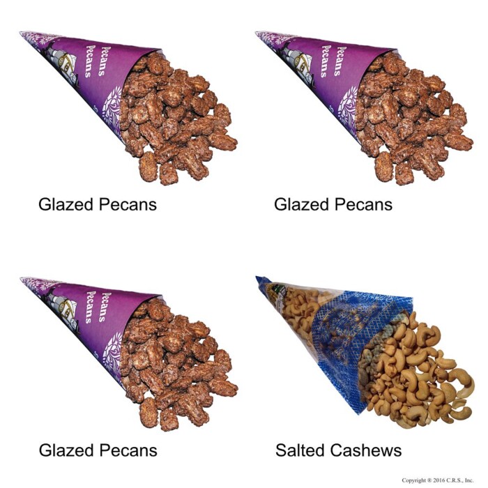 Cinnamon Glazed Roasted Pecans and Lightly Salted Cashews in a 4-cone Pack